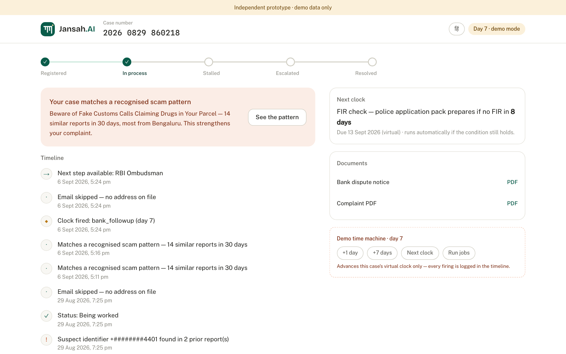 Case page with the status stepper and timeline