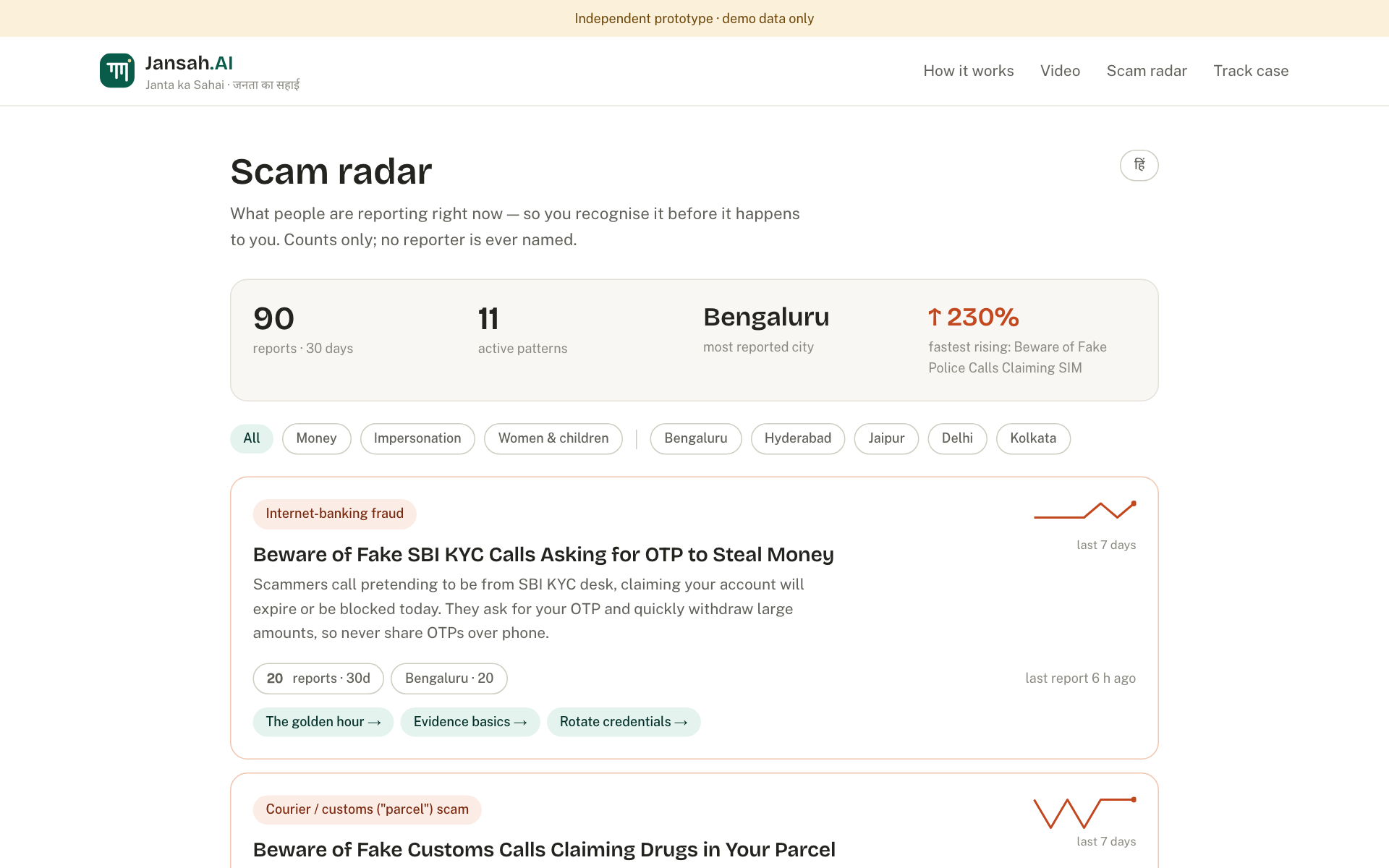 The scam radar feed with pattern cards and trends